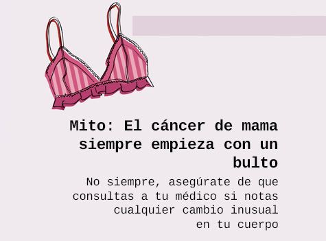 Mito: El cáncer de mama siempre empieza con un bulto. No siempre, asegúrate de que consultas a tu médico si notas cualquier cambio inusual en tu cuerpo