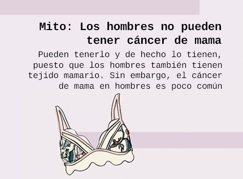 Mito: Los hombres no pueden tener cáncer de mama. Pueden tenerlo y de hecho lo tienen puesto que los hombres también tienen tejido mamario. Sin embargo el cáncer de mama en hombres es poco común