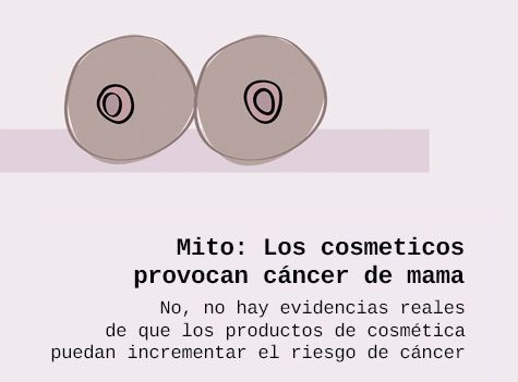 Mito: Los cosméticos provocan cáncer de mama. No, no hay evidencias de que los productos cosméticos puedan incrementar el riesgo de cáncer